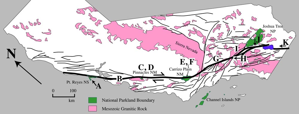 map of San Andreas fault, showing locations of photographs