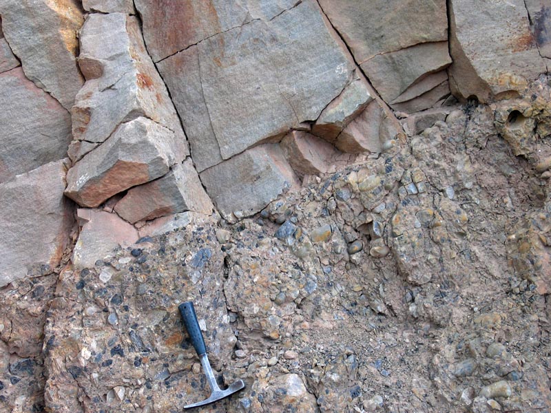 Depositional contact, conglomerate over sandstone, SW Montana.